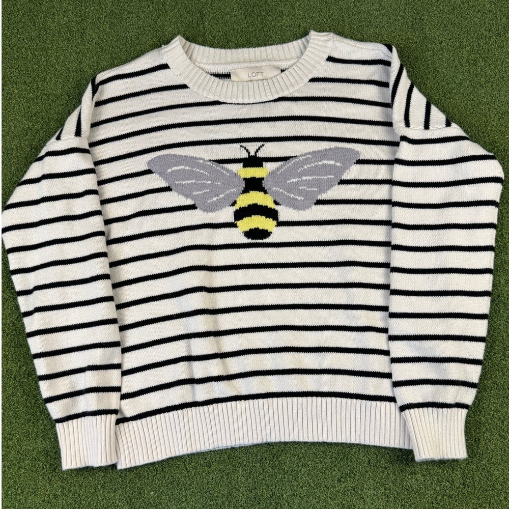 LOFT Bee Stripe Sweater‎ Medium Black White Cotton Crewneck Long Sleeve - Picture 3 of 9